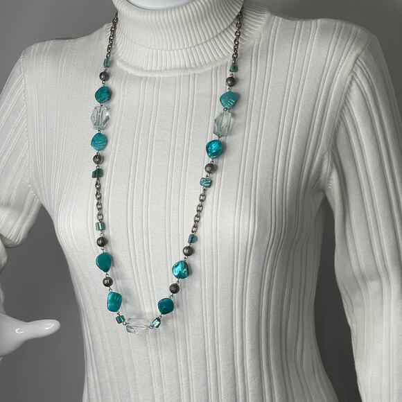 silver tone beaded necklace faux dyed mother of pearl MOP blue turquoise teal - Picture 6 of 12